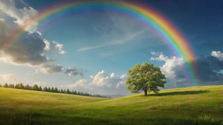 background, A tranquil meadow scene with a gradient rainbow in the skyの素材