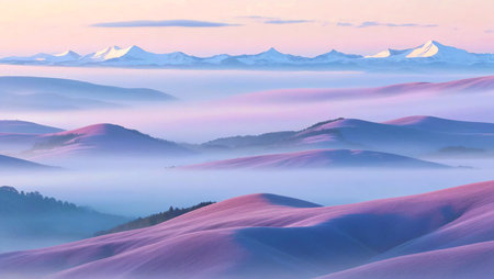 A serene mountain landscape bathed in soft pastel gradients, blending pink, lavender, and baby blueの素材