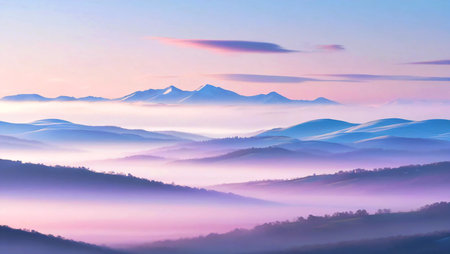 A serene mountain landscape bathed in soft pastel gradients, blending pink, lavender, and baby blueの素材