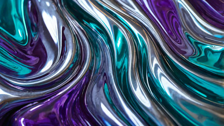 Abstract waves of liquid metal, shifting in a gradient of silver, teal, and purpleの素材