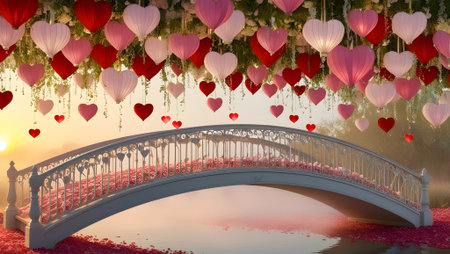 bridge covered in heart or love shaped lanterns and petalsの素材