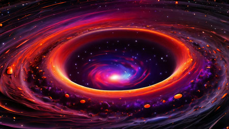 background, A cosmic black hole surrounded by a gradient swirl of red, orange, and purpleの素材
