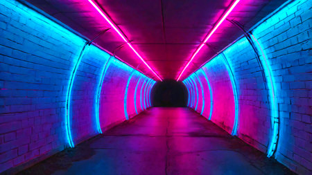 A glowing neon tunnel with gradient lights transitioning from electric blue to hot pinkの素材