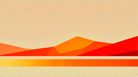 A minimalist poster featuring gradient geometric shapes in shades of orange, red, and yellow.の素材