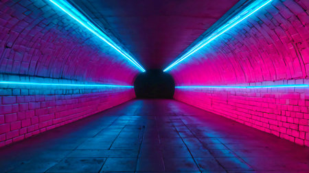 A glowing neon tunnel with gradient lights transitioning from electric blue to hot pinkの素材