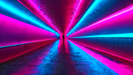 A glowing neon tunnel with gradient lights transitioning from electric blue to hot pinkの素材