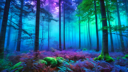 A dreamlike forest scene with gradient mists blending blue, green, and purpleの素材