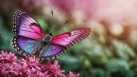 A butterfly with wings of radiant gradients shifting from pink to violetの素材