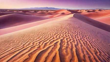 A surreal desert landscape with dunes in a gradient of pink, orange, and lavender.の素材
