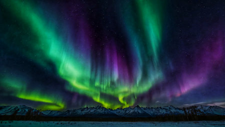 A colorful aurora borealis in the night sky, with gradients blending green, purple, and blueの素材