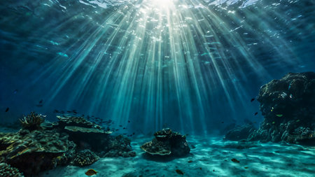A serene underwater world illuminated by gradient light beams in aqua and teal huesの素材