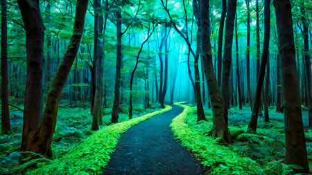 A magical forest path with glowing trees and gradient hues of green and blueの素材