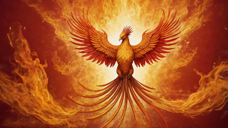 A phoenix rising from flames, surrounded by gradients of orange, red, and goldの素材
