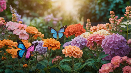 A vibrant butterfly garden with gradient flowers in pastel colorsの素材