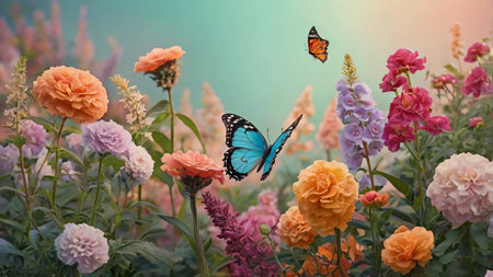 A vibrant butterfly garden with gradient flowers in pastel colorsの素材