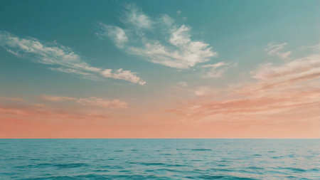 A horizon blending sea and sky in gradients of aquamarine and peachの素材