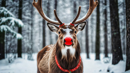 A reindeer with a red nose in a snowy forest, looking festiveの素材