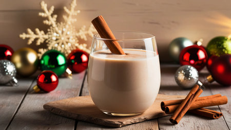 A glass of eggnog with a cinnamon stick and Christmas ornaments in the backgroundの素材