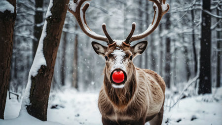 A reindeer with a red nose in a snowy forest, looking festiveの素材