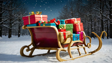 Santa's sleigh parked in the snow, loaded with colorful presentsの素材