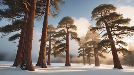 A snowy forest with tall pine trees and soft sunlight filtering through the branchesの素材
