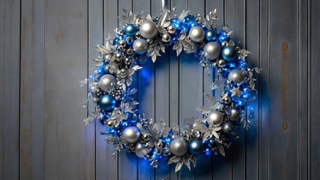 A silver and blue Christmas wreath with sparkling fairy lights.の素材