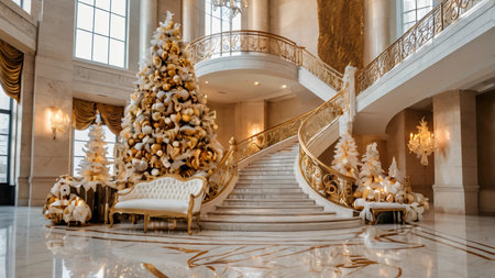 Luxurious Christmas decor in a gold and white theme on a grand staircaseの素材