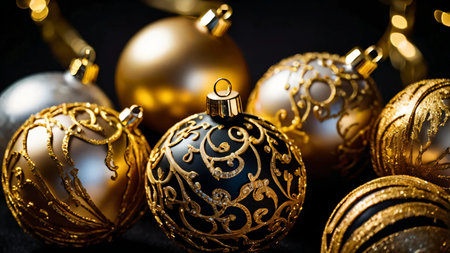 Golden Christmas baubles on a black background for a glamorous lookの素材