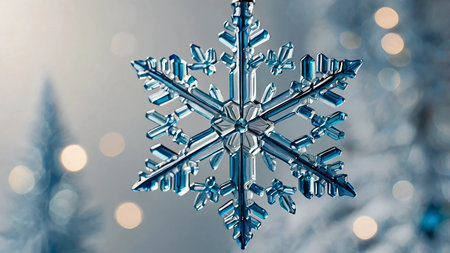 Close-up of intricate snowflake ornaments made of glassの素材