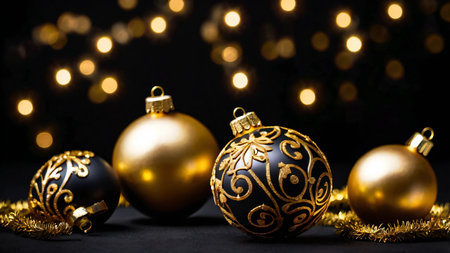Golden Christmas baubles on a black background for a glamorous lookの素材