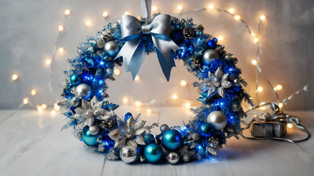 A silver and blue Christmas wreath with sparkling fairy lights.の素材