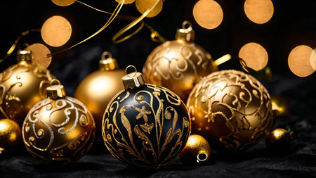 Golden Christmas baubles on a black background for a glamorous lookの素材