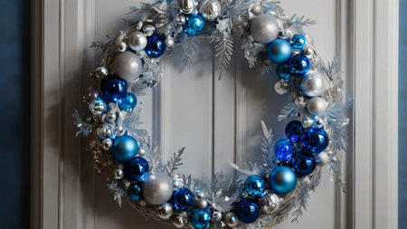A silver and blue Christmas wreath with sparkling fairy lights.の素材