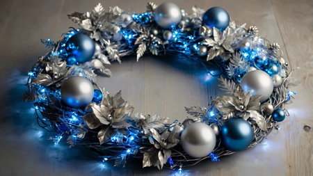 A silver and blue Christmas wreath with sparkling fairy lights.の素材