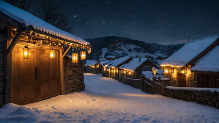 A peaceful snowy village lit by lanterns on Christmasの素材