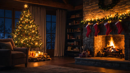 A minimalist Christmas mantel decorated with candles, garlands, and stockingsの素材