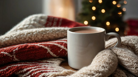 A cozy corner with a Christmas-themed throw blanket and a hot cup of cocoaの素材