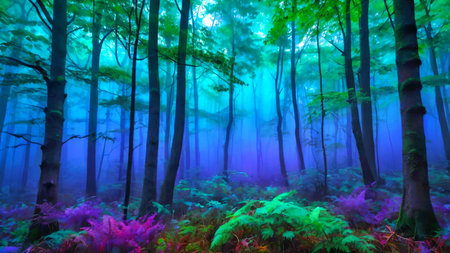 A dreamlike forest scene with gradient mists blending blue, green, and purpleの素材