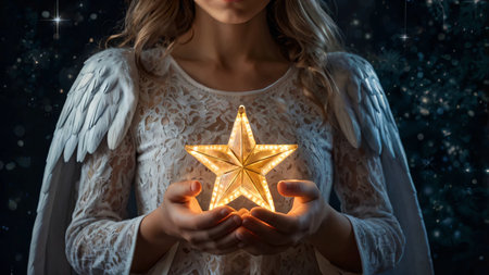 A Christmas angel holding a glowing star in her hands;の素材