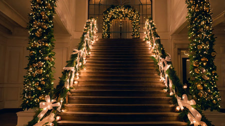 A decorated chirtsmas staircase with garlands, fairy lights, and bowsの素材