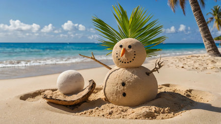 A tropical beach with a decorated palm tree and a sand snowmanの素材