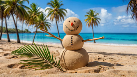 A tropical beach with a decorated palm tree and a sand snowmanの素材