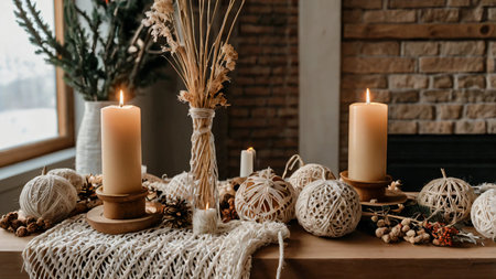 A boho Christmas decor setup with macrame ornaments, dried flowers, and soft candlesの素材