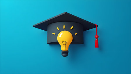 Concept image a bachelor cap and a light bulb on a blue backgroundの素材
