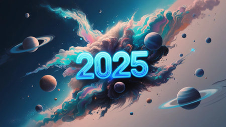 background new year 2025, An abstract space-themed design with planets and 2025 written in glowing textの素材