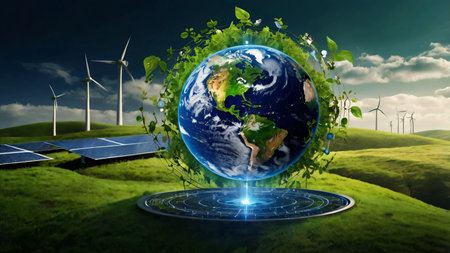 A conceptual image of Earth, surrounded by AI technology and green energy symbols.の素材