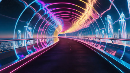 background, A glowing neon tunnel leading, symbolizing a bright futureの素材