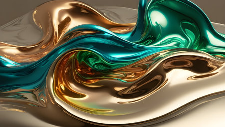 Dynamic liquid gradient, swirling metallic colors of gold, turquoise, and emerald green effect, abstract textureの素材