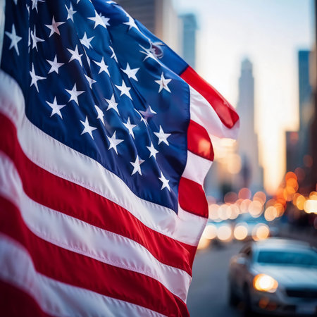 Generate AI, American Flag,sharp focus,bokeh effect and background blurry.の素材