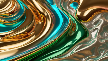 Dynamic liquid gradient, swirling metallic colors of gold, turquoise, and emerald green effect, abstract textureの素材